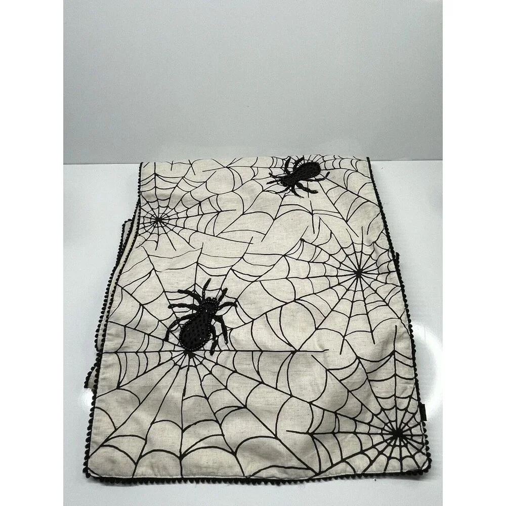 Black Spider Web Black Beaded Halloween Table Runner Hallow Home 71” x‎ 17”  EL1